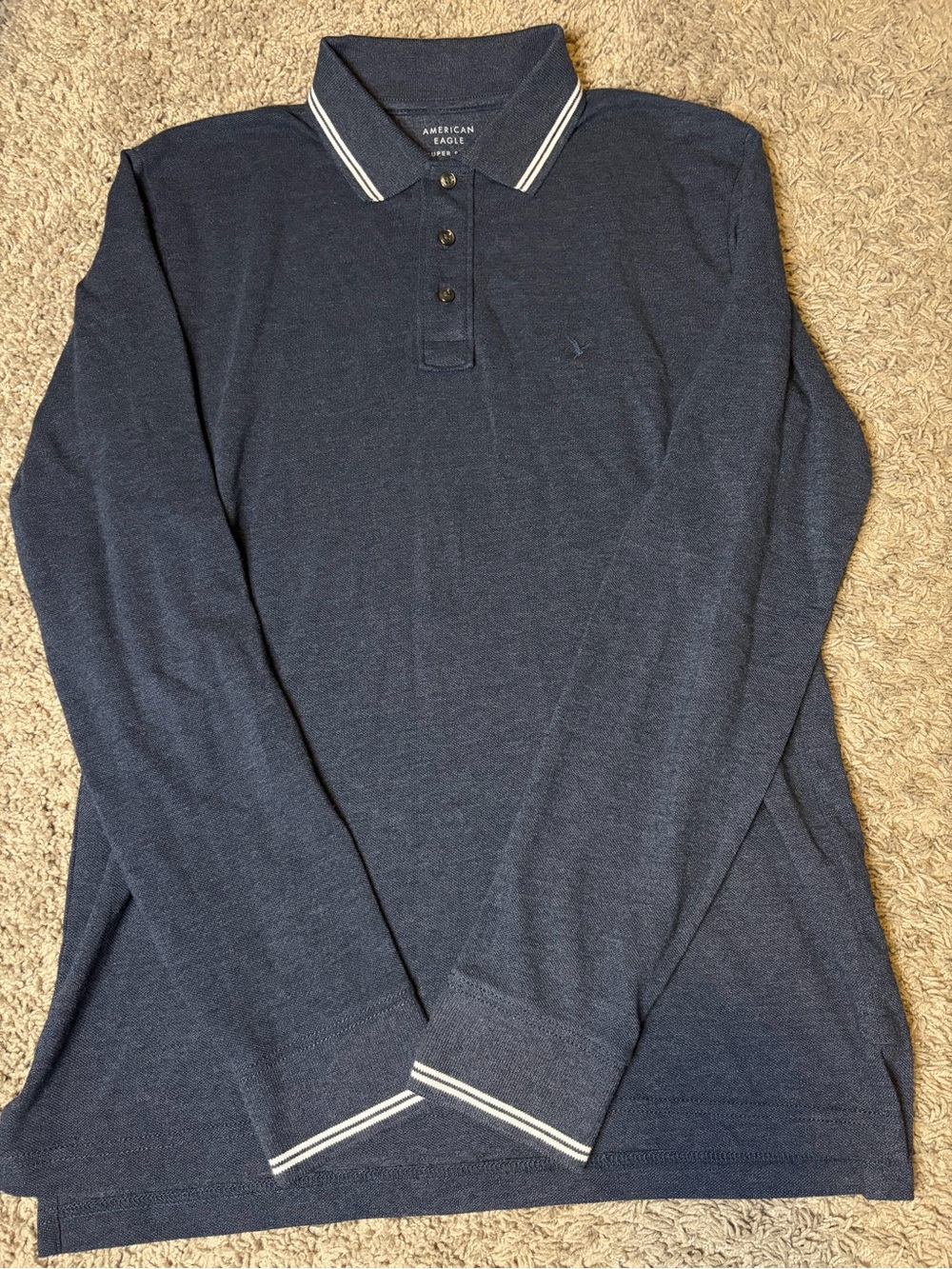 American Eagle Outfitters Men's Navy Long-Sleeve Polo with White-Trim Collar